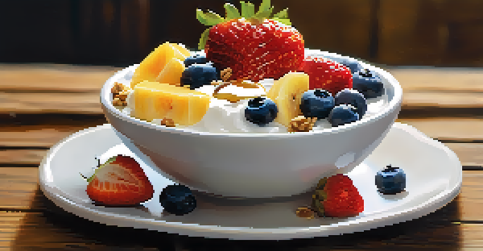 A breakfast bowl with Greek yogurt, fresh fruits, and granola on a wooden table illuminated by morning light.