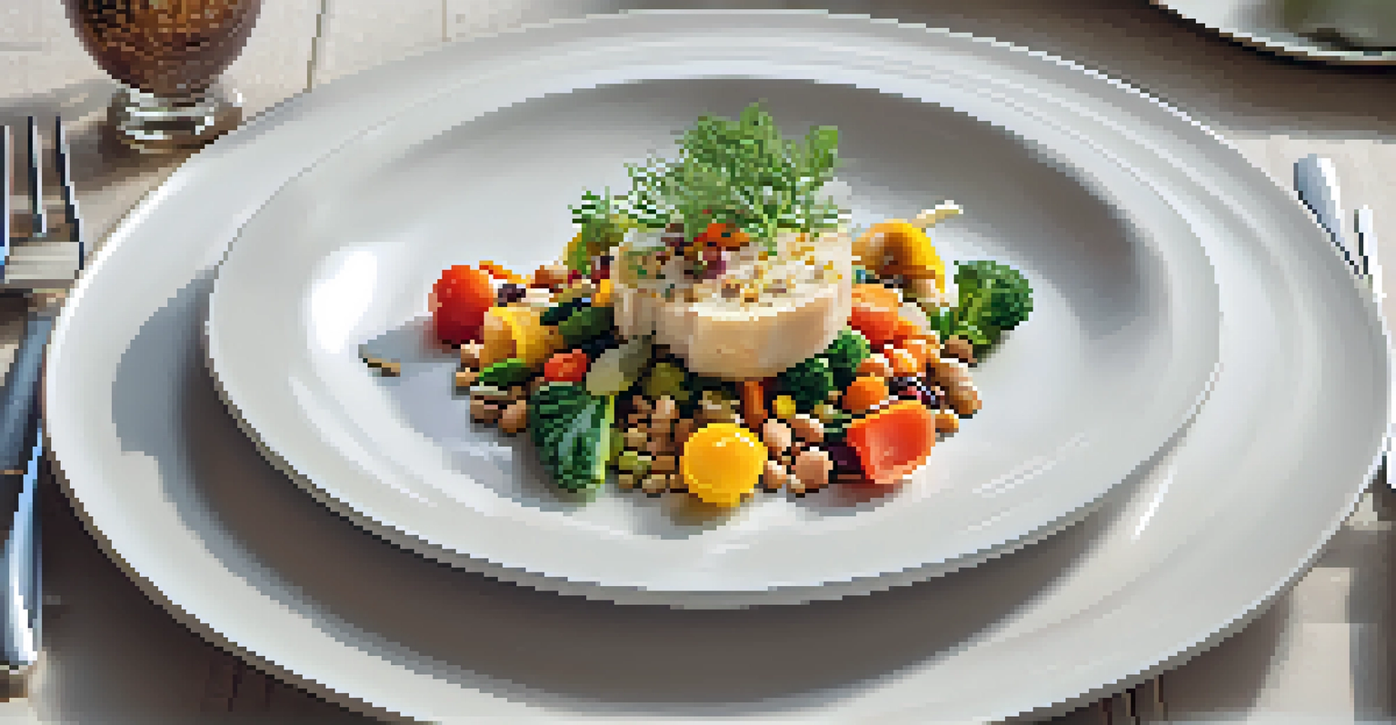 A delicious vegetarian dish on a white plate, showcasing colorful vegetables, grains, and herbs in a warm, inviting setting.