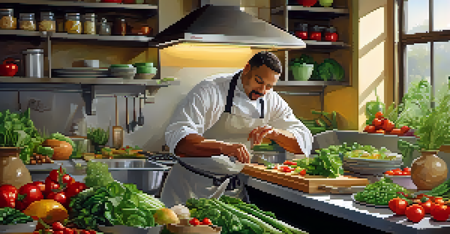 A chef making a fresh salad in a well-lit kitchen, surrounded by fresh vegetables and ingredients.
