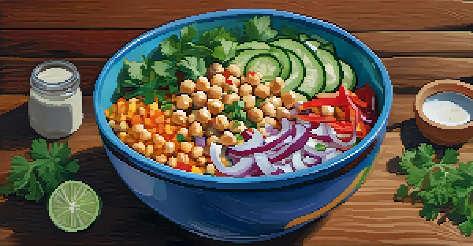 An overhead view of a Mediterranean salad with chickpeas, fresh vegetables, and a zesty dressing, placed on a dark wooden surface.