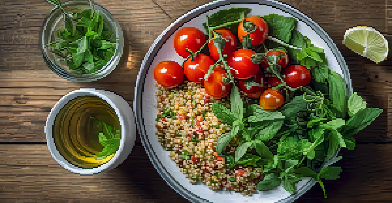 An overhead view of a plant-based meal featuring quinoa salad and infused water on a rustic wooden table.
