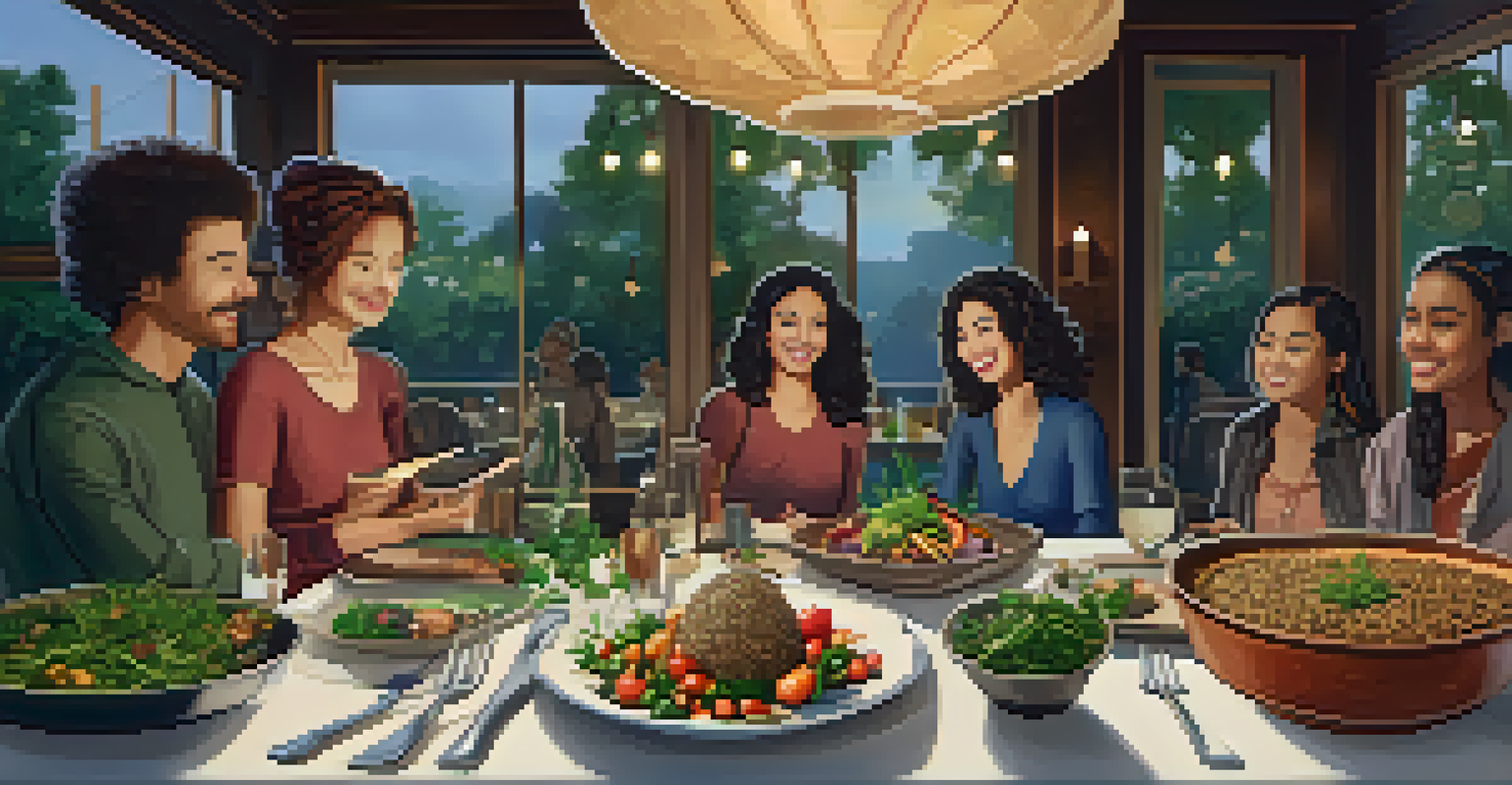 A dining table with a plated vegetarian dish and a group of people in the background sharing recipes and experiences, illuminated by soft lights.