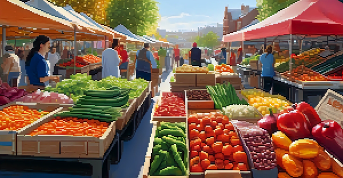 A bustling farmer's market filled with fresh vegetables and plant-based meat alternatives displayed in eco-friendly packaging, with warm sunlight illuminating the scene.