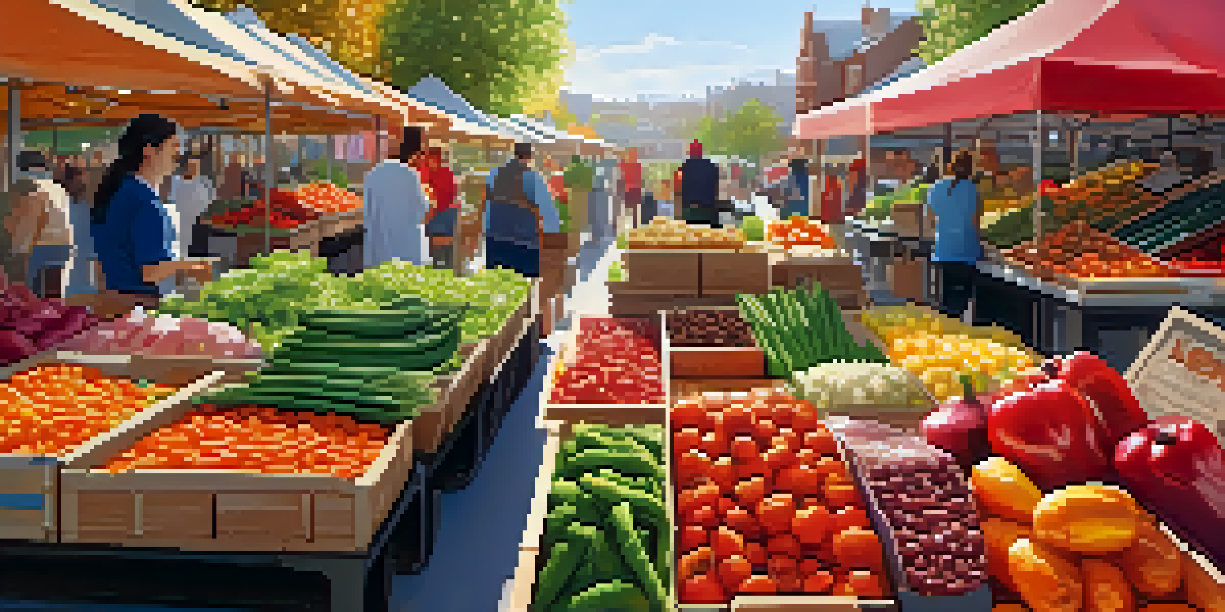 A bustling farmer's market filled with fresh vegetables and plant-based meat alternatives displayed in eco-friendly packaging, with warm sunlight illuminating the scene.