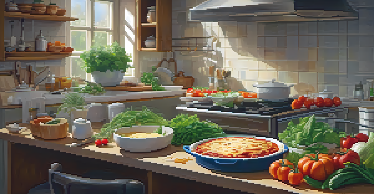 A kitchen with a lacto-vegetarian preparing vegetable lasagna, surrounded by fresh ingredients and warm lighting.