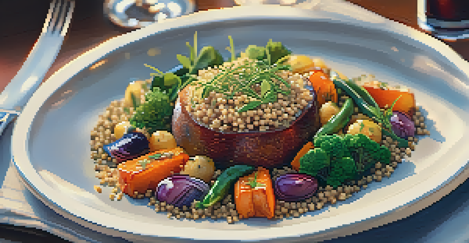 A close-up of a beautifully plated vegetarian dish with roasted vegetables and quinoa, set on an elegant plate with a cozy dining room background.