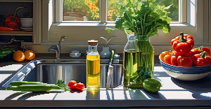 A kitchen countertop with a bottle of sunflower oil beside fresh vegetables, illuminated by sunlight.