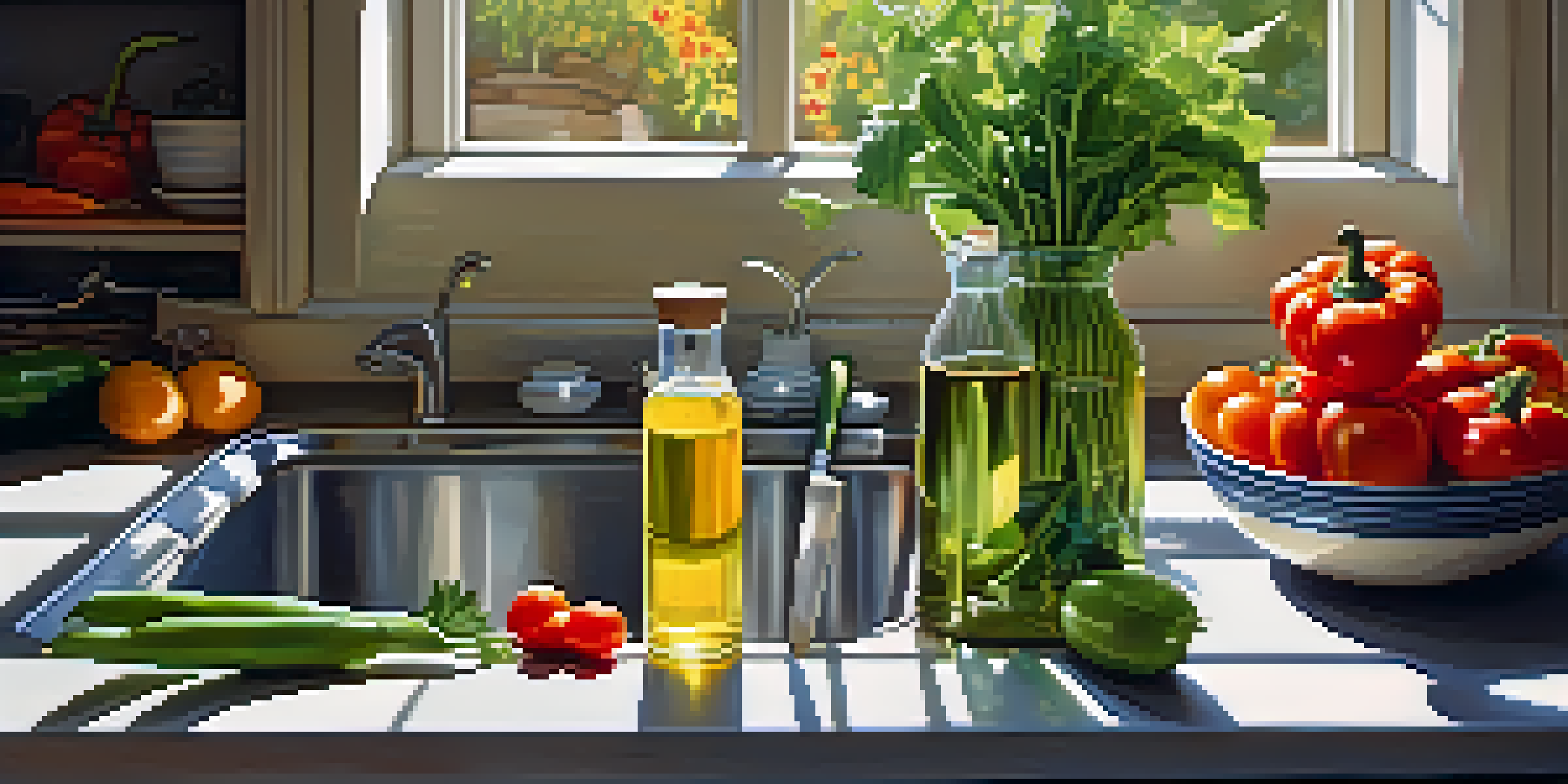 A kitchen countertop with a bottle of sunflower oil beside fresh vegetables, illuminated by sunlight.