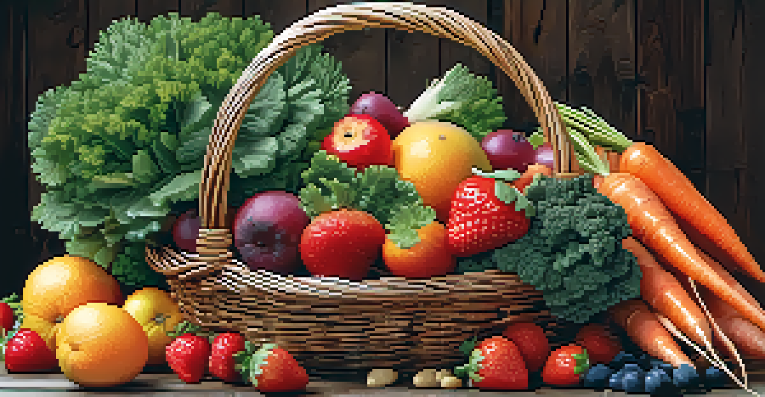 A close-up of a basket filled with fresh seasonal fruits and vegetables, showing their vibrant colors and textures.
