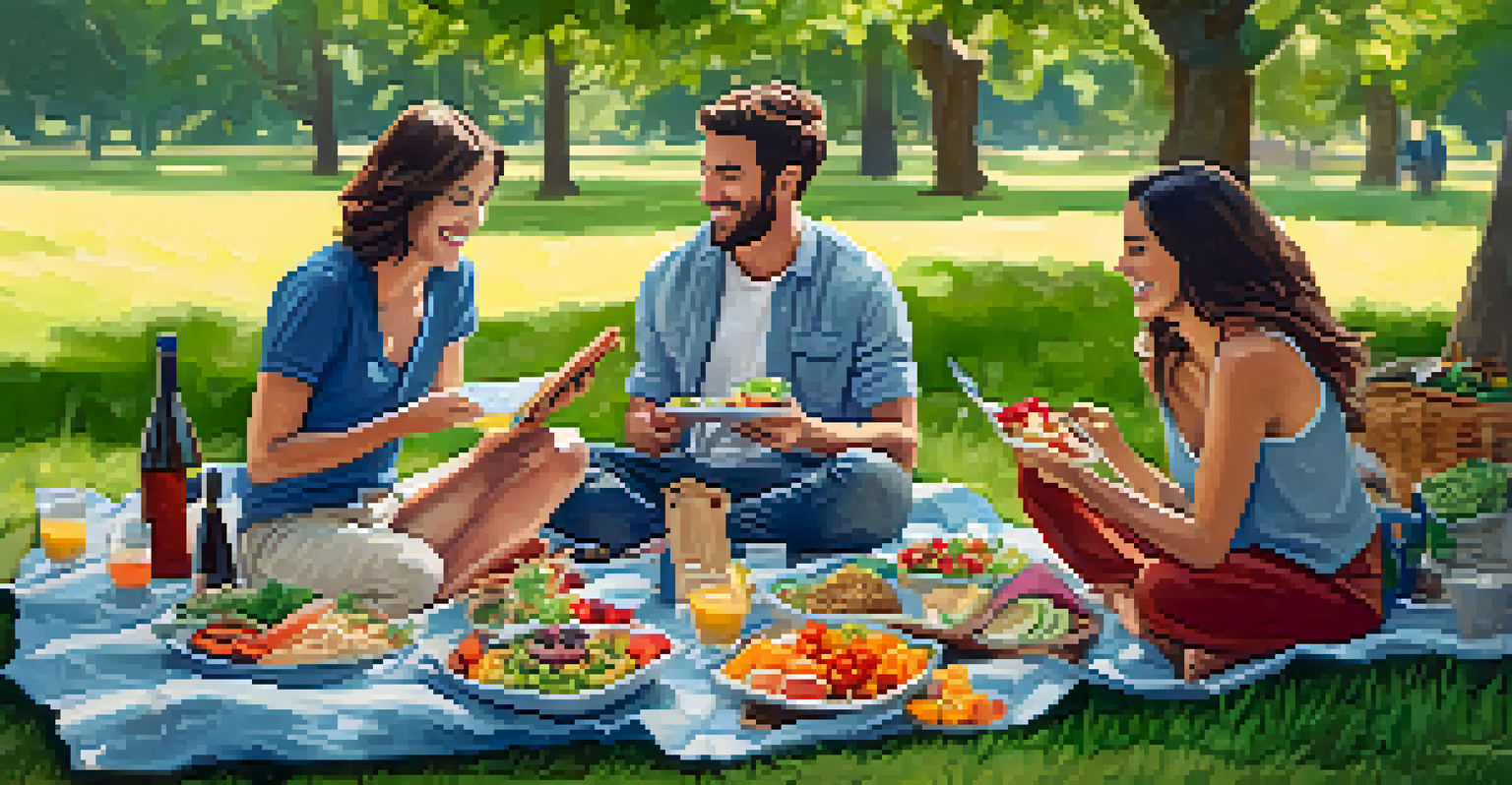 A picnic scene in a park with friends enjoying a variety of vegetarian dishes on a blanket surrounded by greenery.