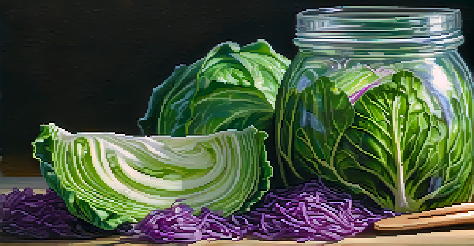 A close-up of a jar filled with fermenting cabbage, showing bubbles in the brine and a wooden spoon beside it.