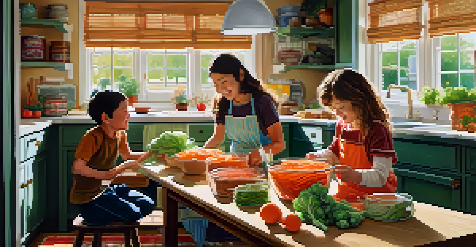 A family in a bright kitchen making homemade fermented vegetables with fresh ingredients and jars on the table.