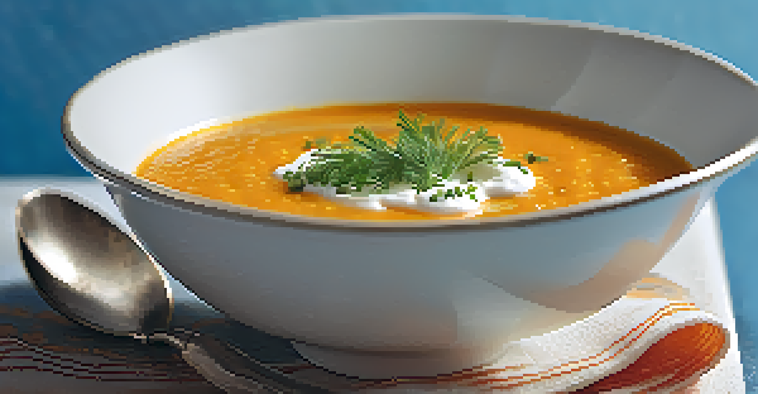 A creamy carrot soup in a bowl, garnished with sour cream and herbs, against a blue background.