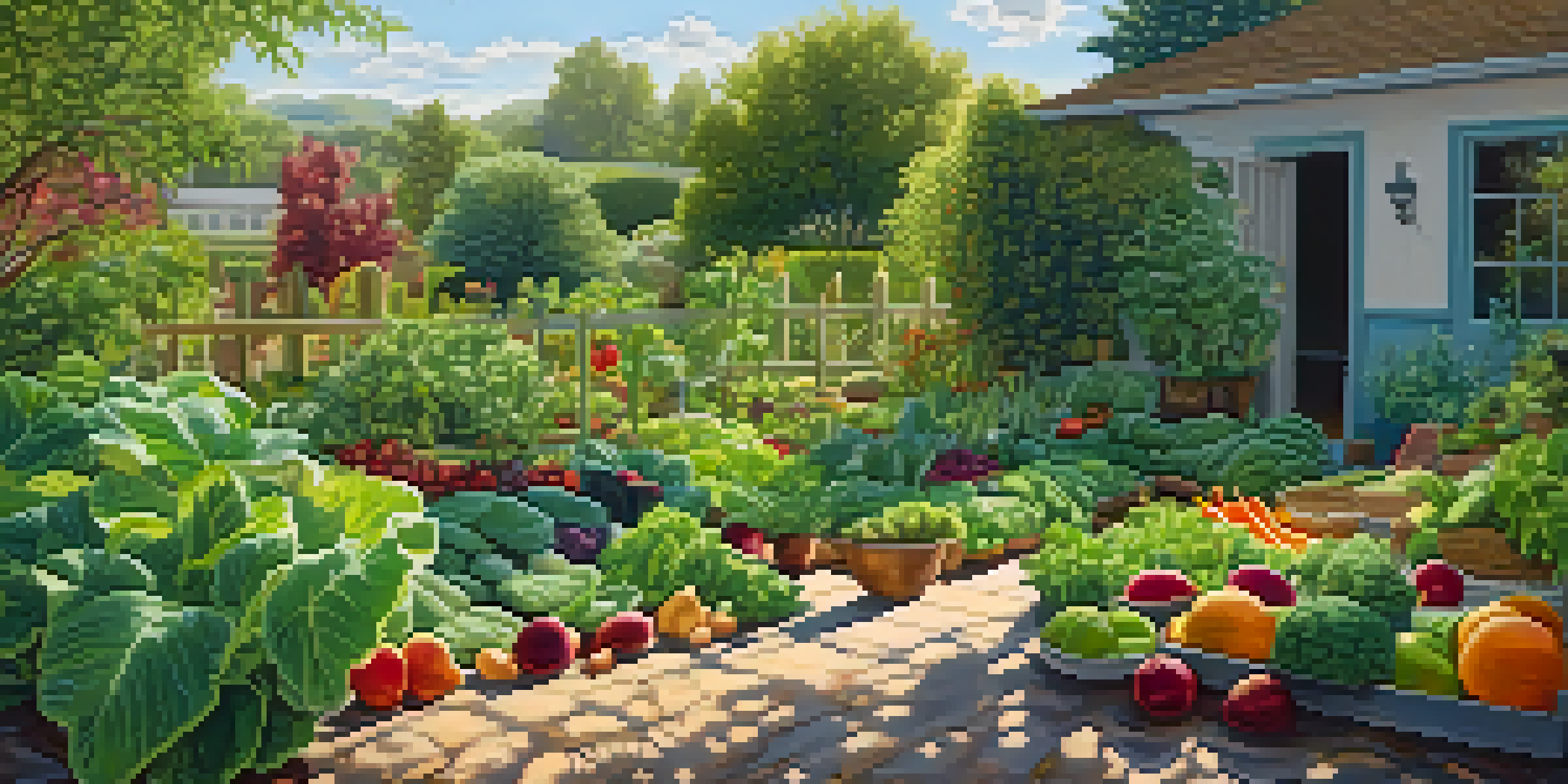 A gardener working in a bright vegetable garden with various fruits and vegetables.