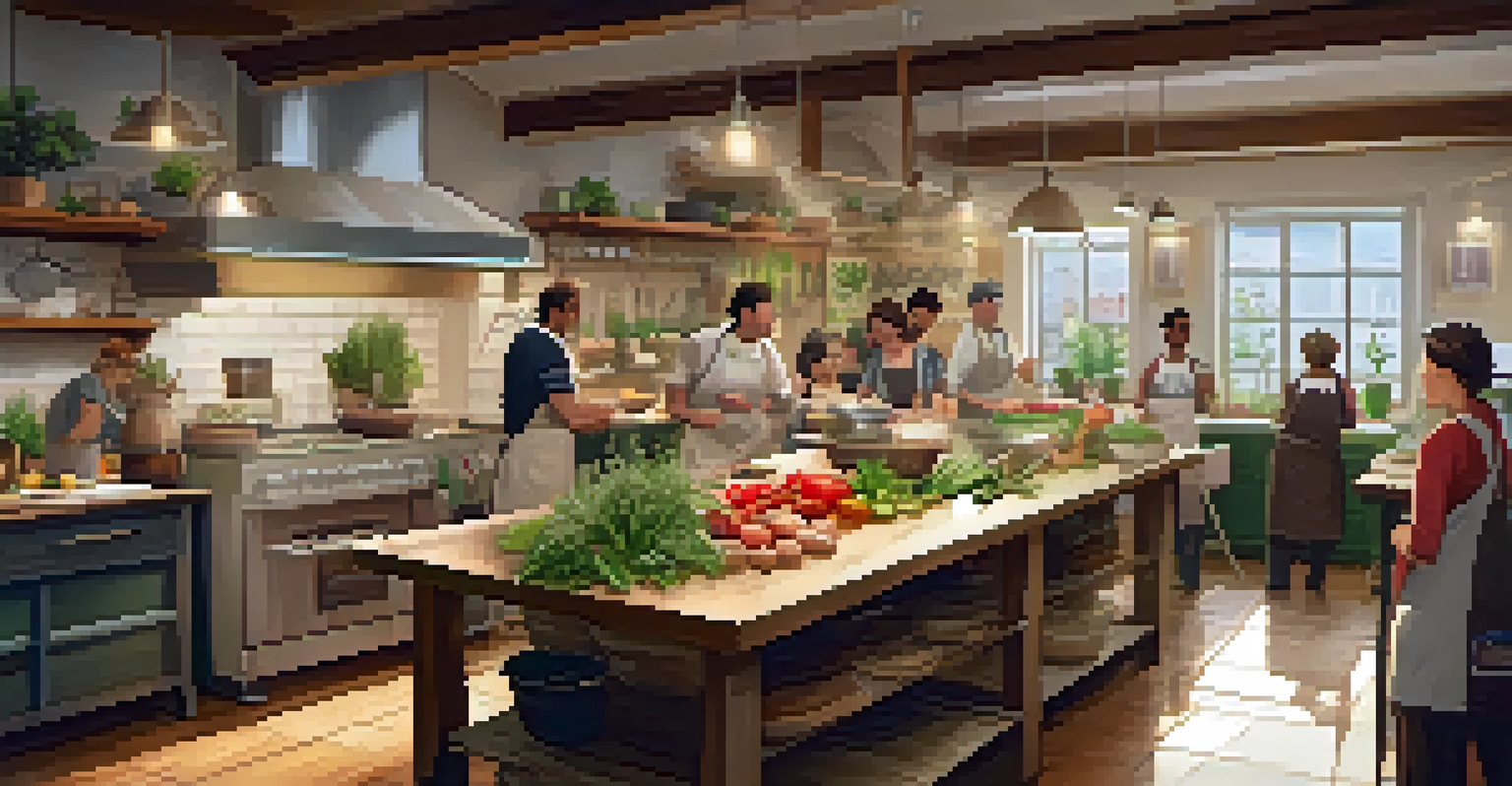 A community cooking class with participants preparing meals using fresh local ingredients in a cozy kitchen.