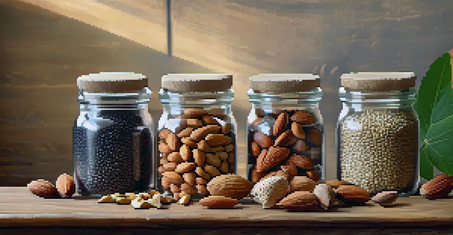A collection of small glass jars filled with nuts and seeds on a rustic wooden table, surrounded by greenery.