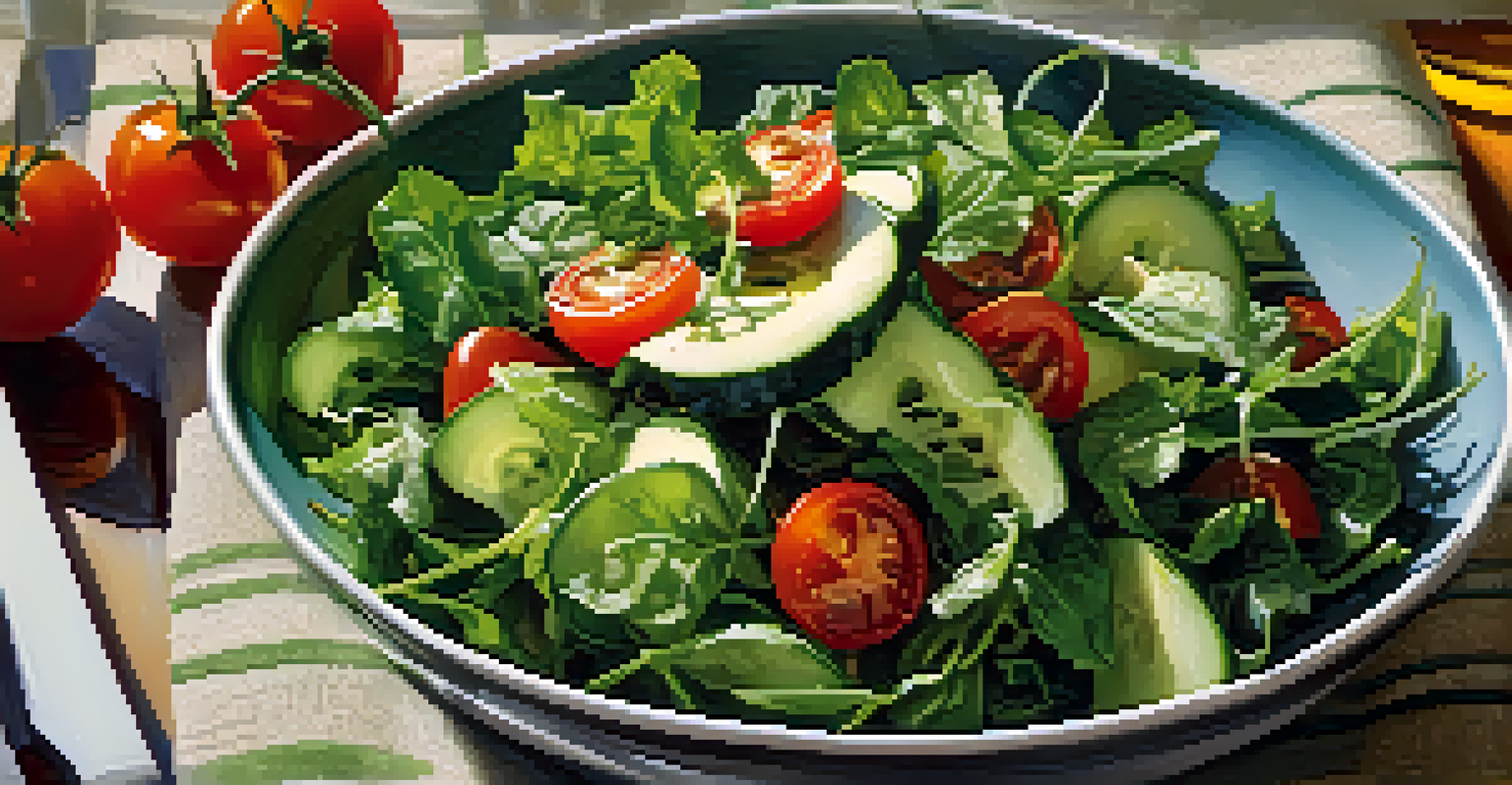 A close-up of a vibrant vegetarian salad in a bowl, featuring greens, tomatoes, cucumber, and nuts on a linen cloth.