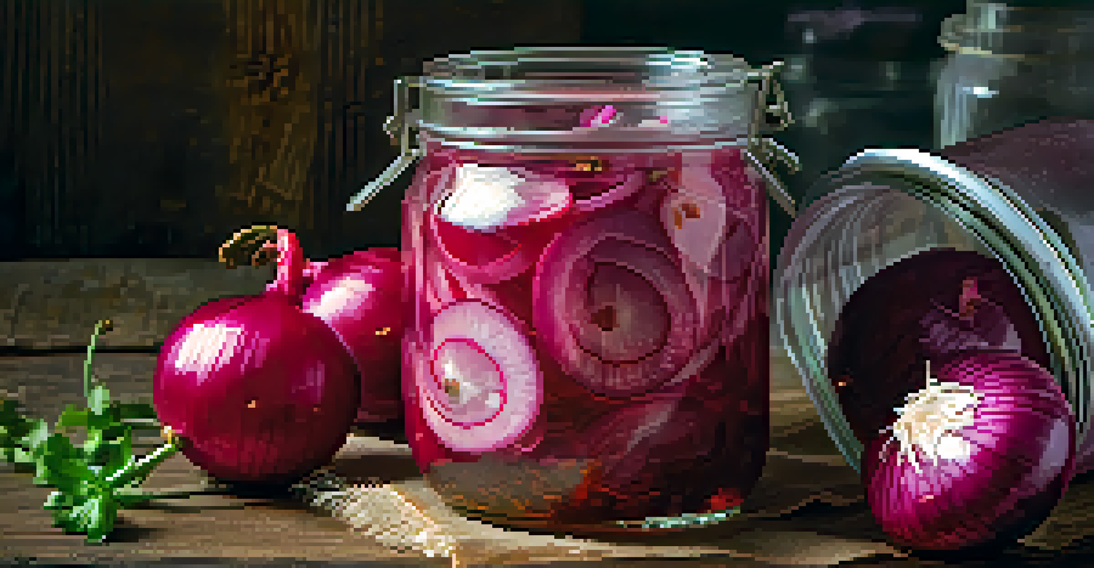 A close-up of a jar of pink pickled red onions with chili flakes on a wooden table.