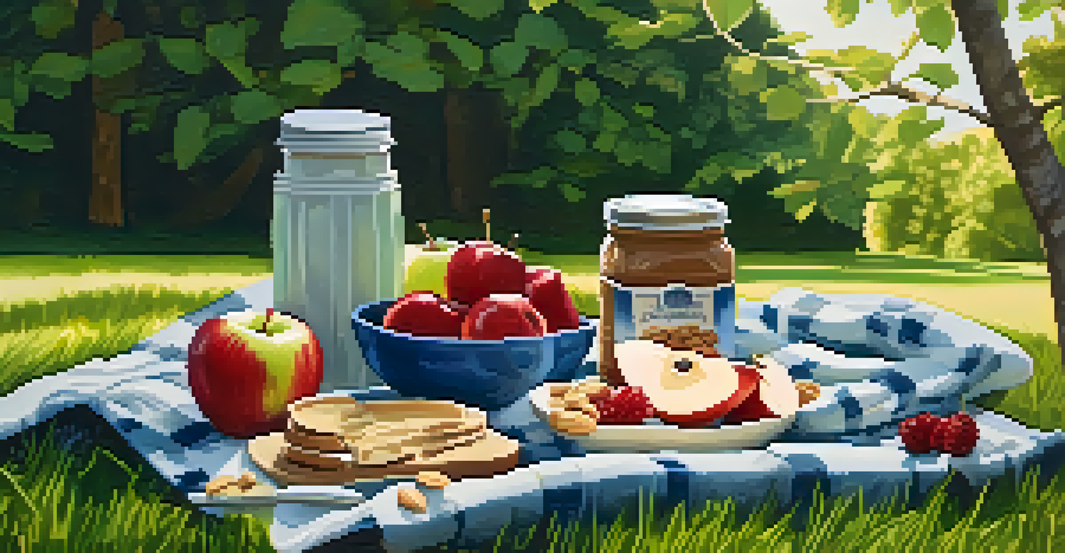 An outdoor picnic featuring healthy snacks like apple slices with almond butter, mixed nuts, and fresh berries on a picnic blanket.