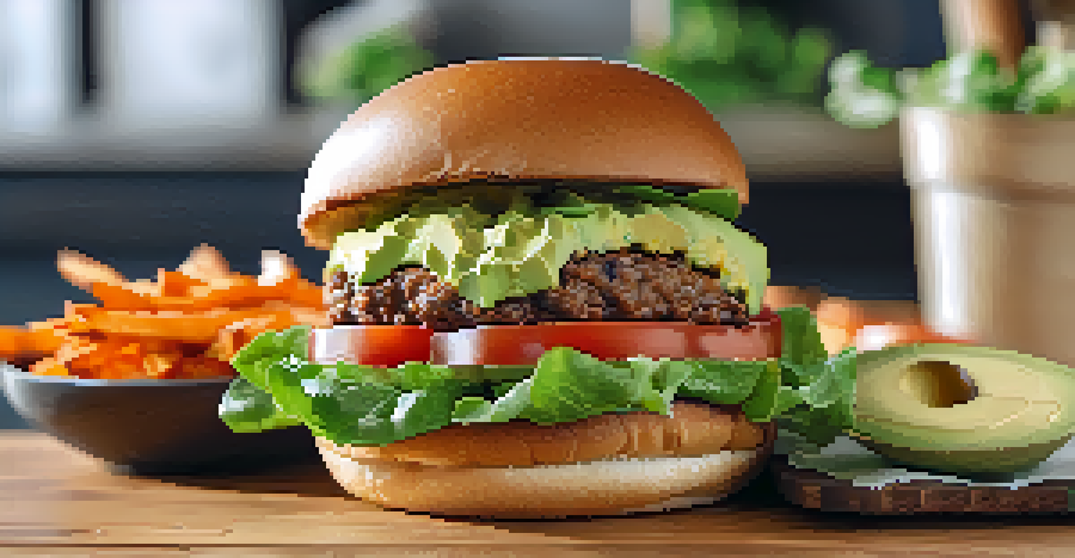 A gourmet plant-based burger made from pea protein, served with sweet potato fries and avocado dip on a wooden board.