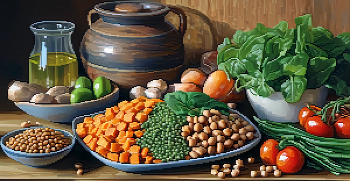 A colorful vegetarian meal plate with quinoa, sweet potatoes, chickpeas, and greens on a wooden table, illuminated by sunlight.