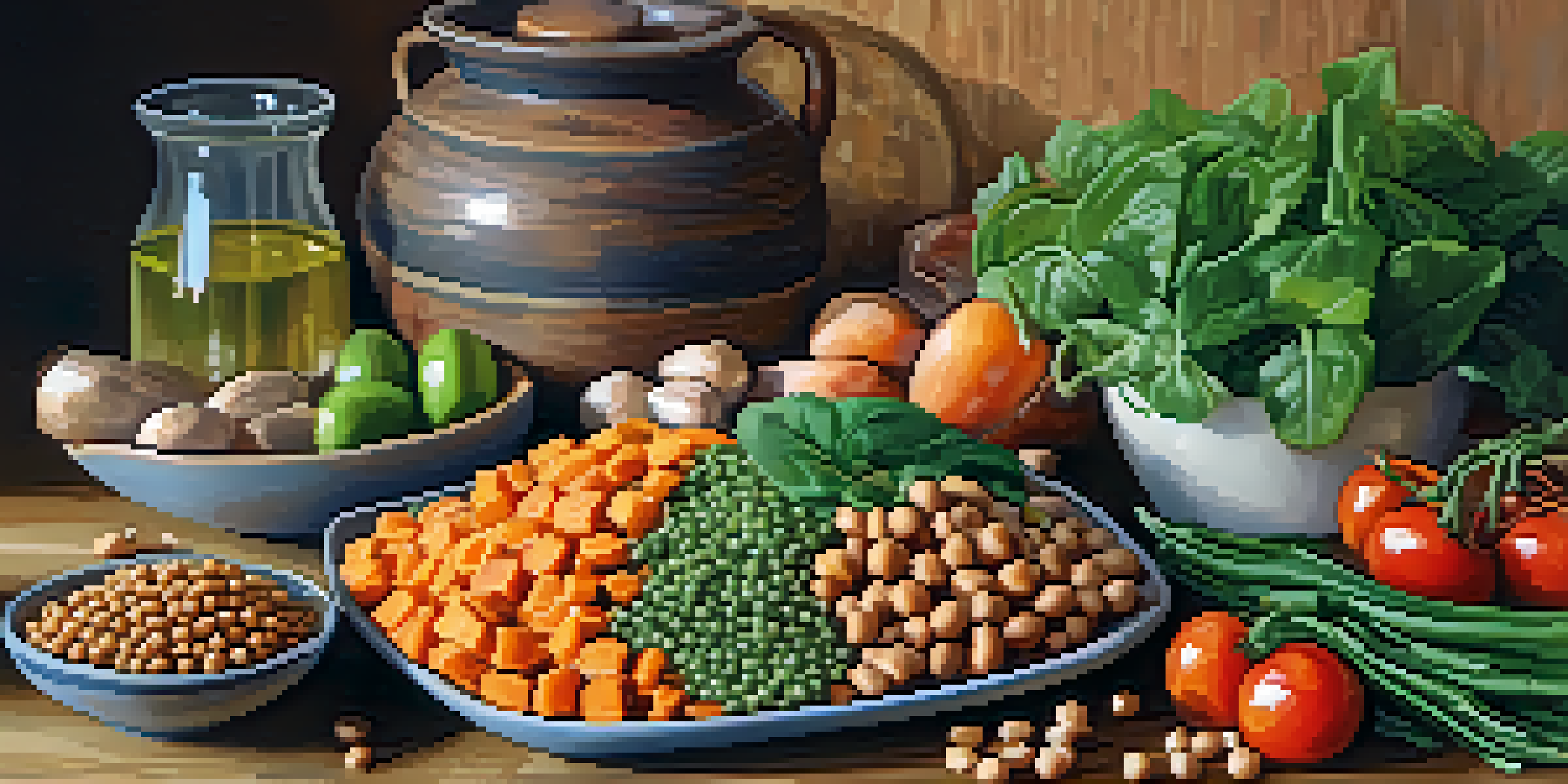 A colorful vegetarian meal plate with quinoa, sweet potatoes, chickpeas, and greens on a wooden table, illuminated by sunlight.