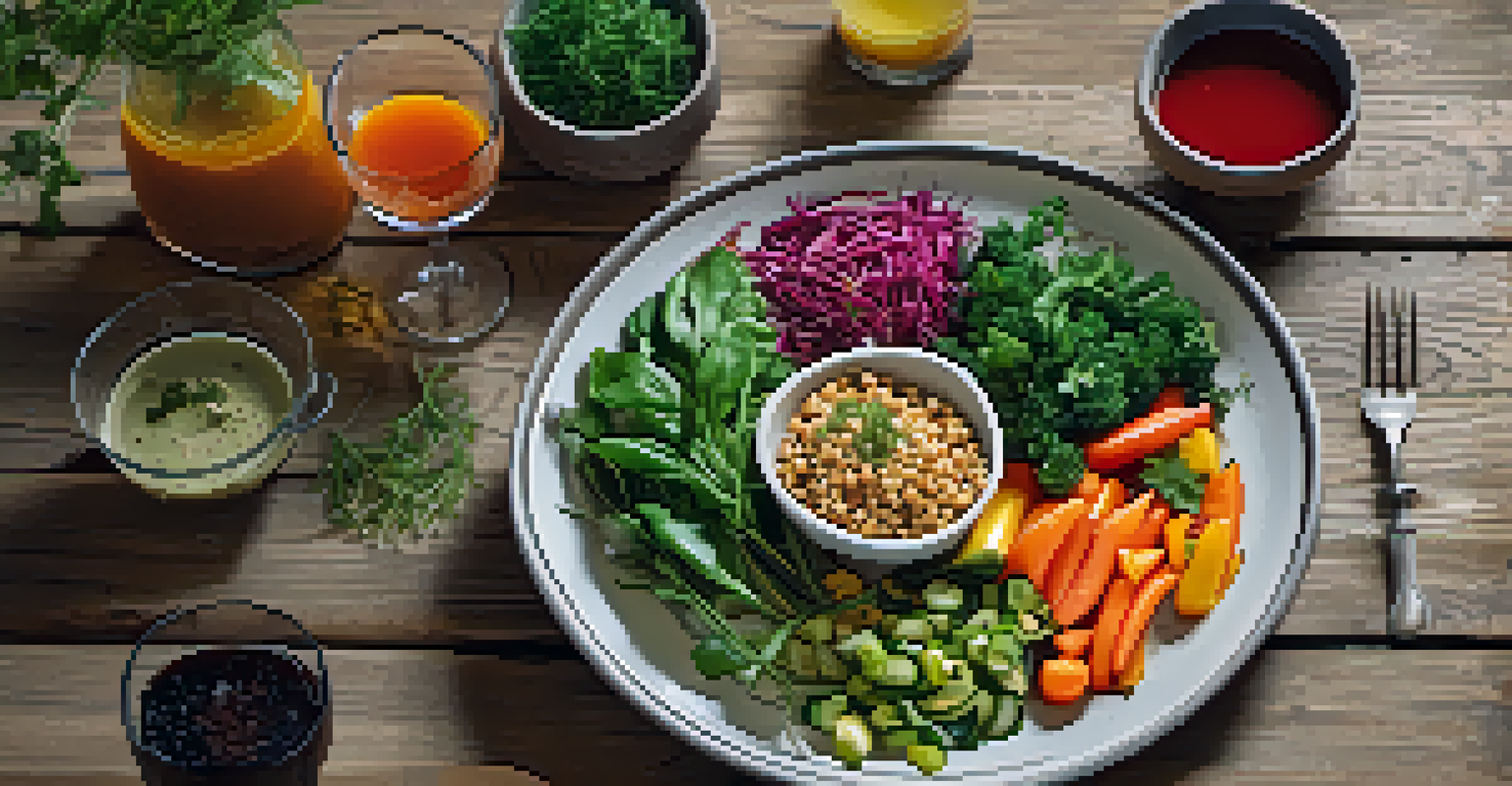 An overhead view of a colorful plant-based meal elegantly plated on a wooden table, with a bowl of sauce and a glass of juice.