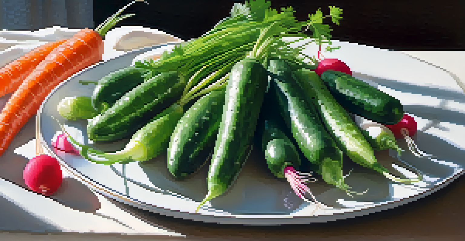 Artistic arrangement of salted cucumbers, radishes, and carrots on a white plate, garnished with fresh herbs under natural sunlight.