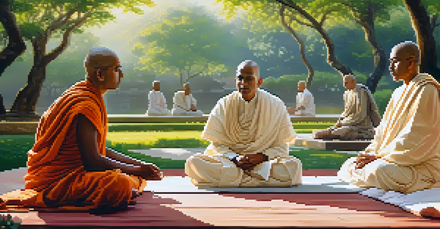 A group of Jain monks in traditional robes conversing in a garden filled with flowering trees and dappled sunlight.