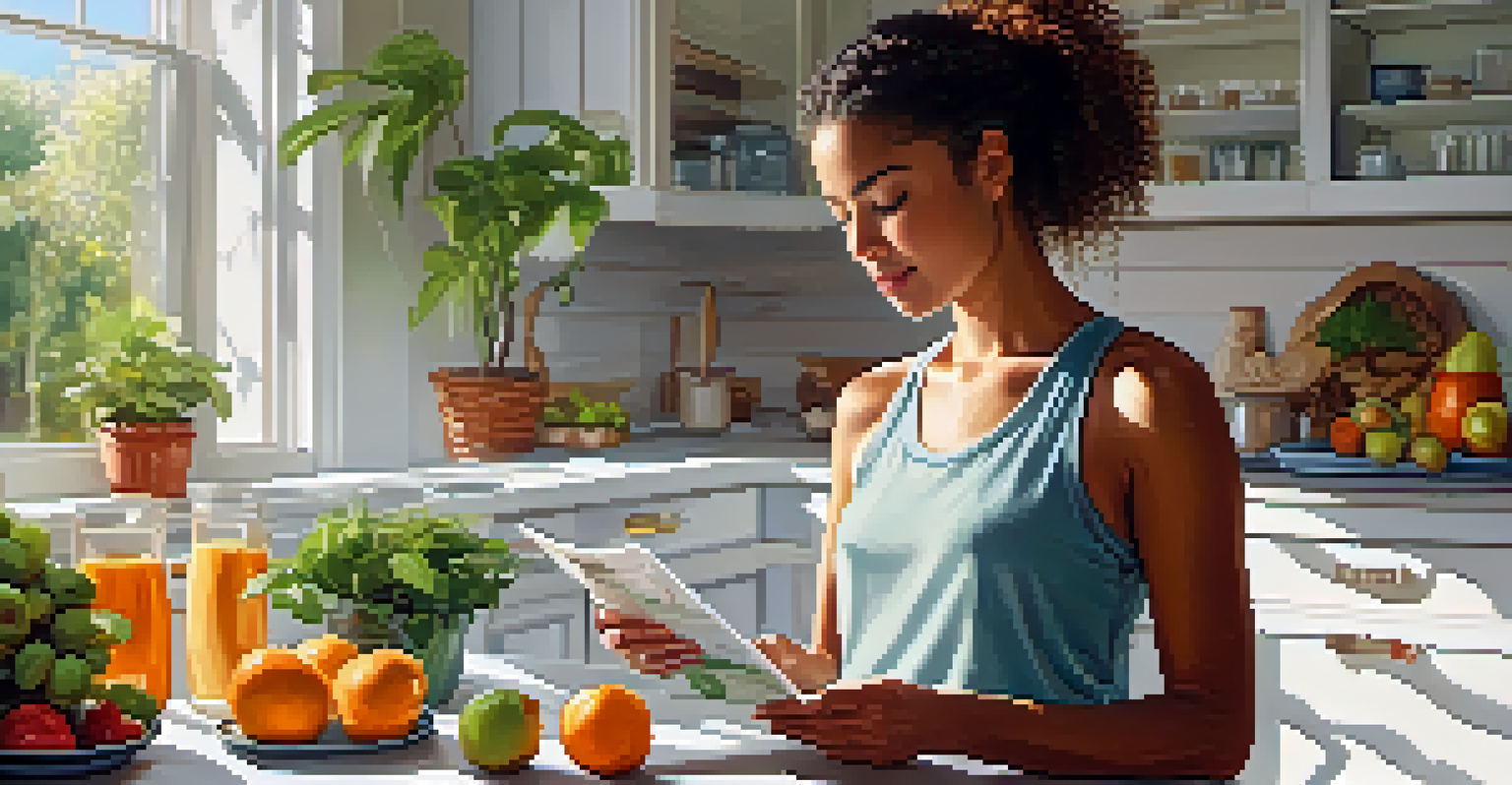 A person reading a nutrition label on a granola bar in a bright kitchen, surrounded by fresh fruits and a glass of water.