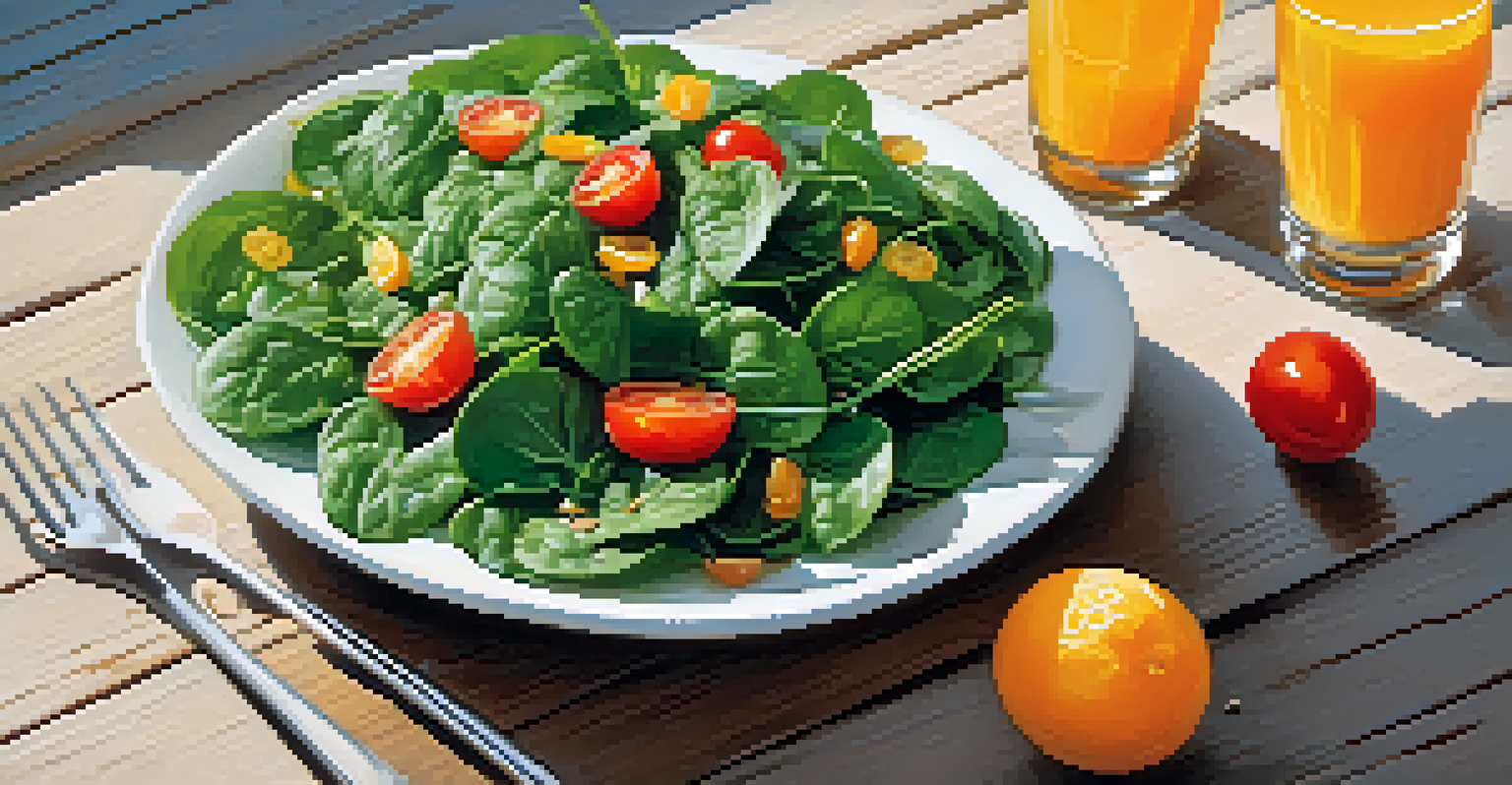 A fresh spinach salad with orange slices and cherry tomatoes in a white bowl on a wooden table.