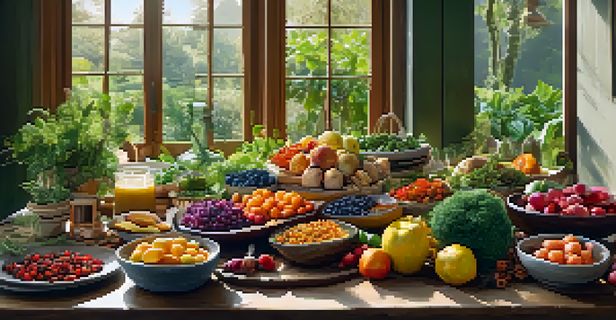 A colorful arrangement of plant-based foods including quinoa salad, roasted vegetables, and assorted fruits on a wooden table, brightly lit by natural sunlight.