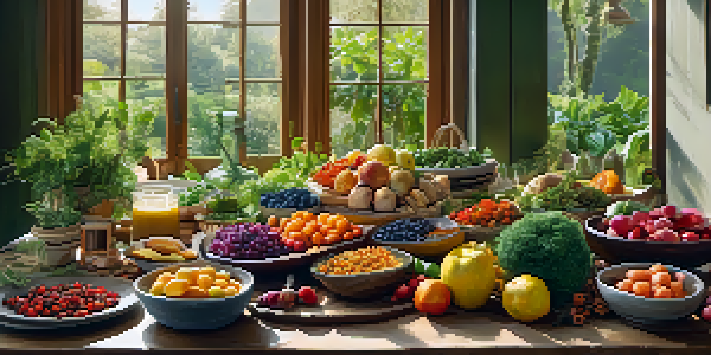 A colorful arrangement of plant-based foods including quinoa salad, roasted vegetables, and assorted fruits on a wooden table, brightly lit by natural sunlight.