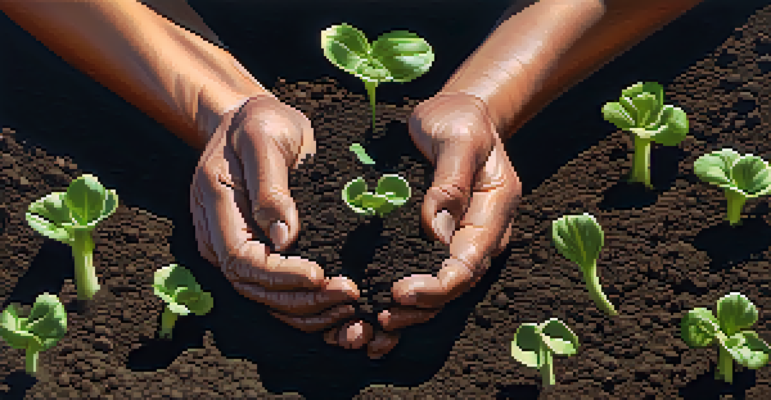 A close-up of a farmer's hands planting seeds in dark soil, with small sprouts emerging around them.