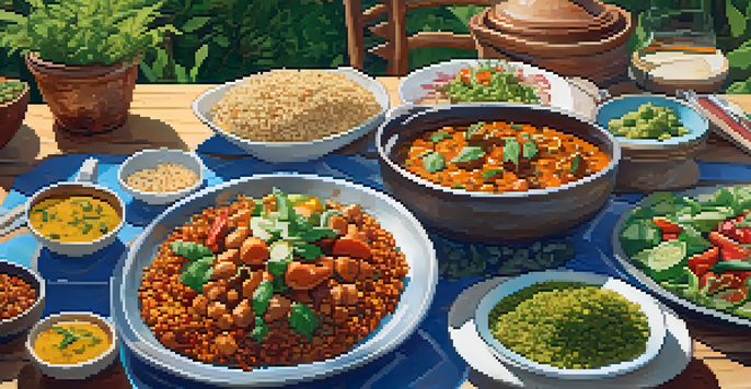 An outdoor vegetarian potluck with a long wooden table filled with colorful meat-free dishes, surrounded by people of diverse backgrounds in a lush green setting.