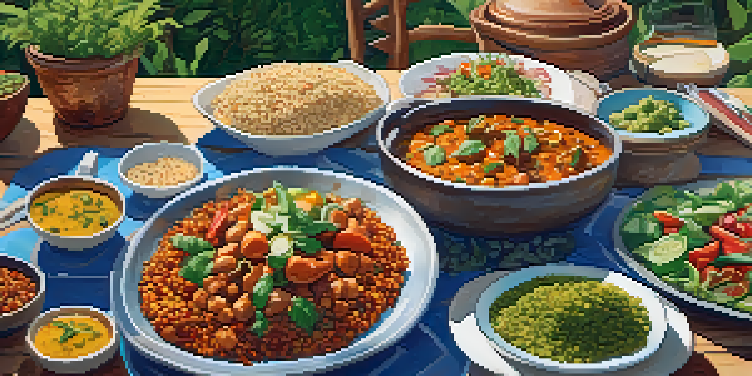 An outdoor vegetarian potluck with a long wooden table filled with colorful meat-free dishes, surrounded by people of diverse backgrounds in a lush green setting.