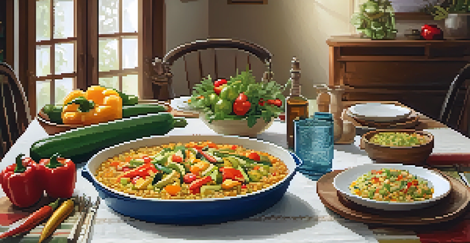A family dining table with a colorful vegetable and rice casserole surrounded by fresh vegetables, set in a warm and inviting atmosphere.