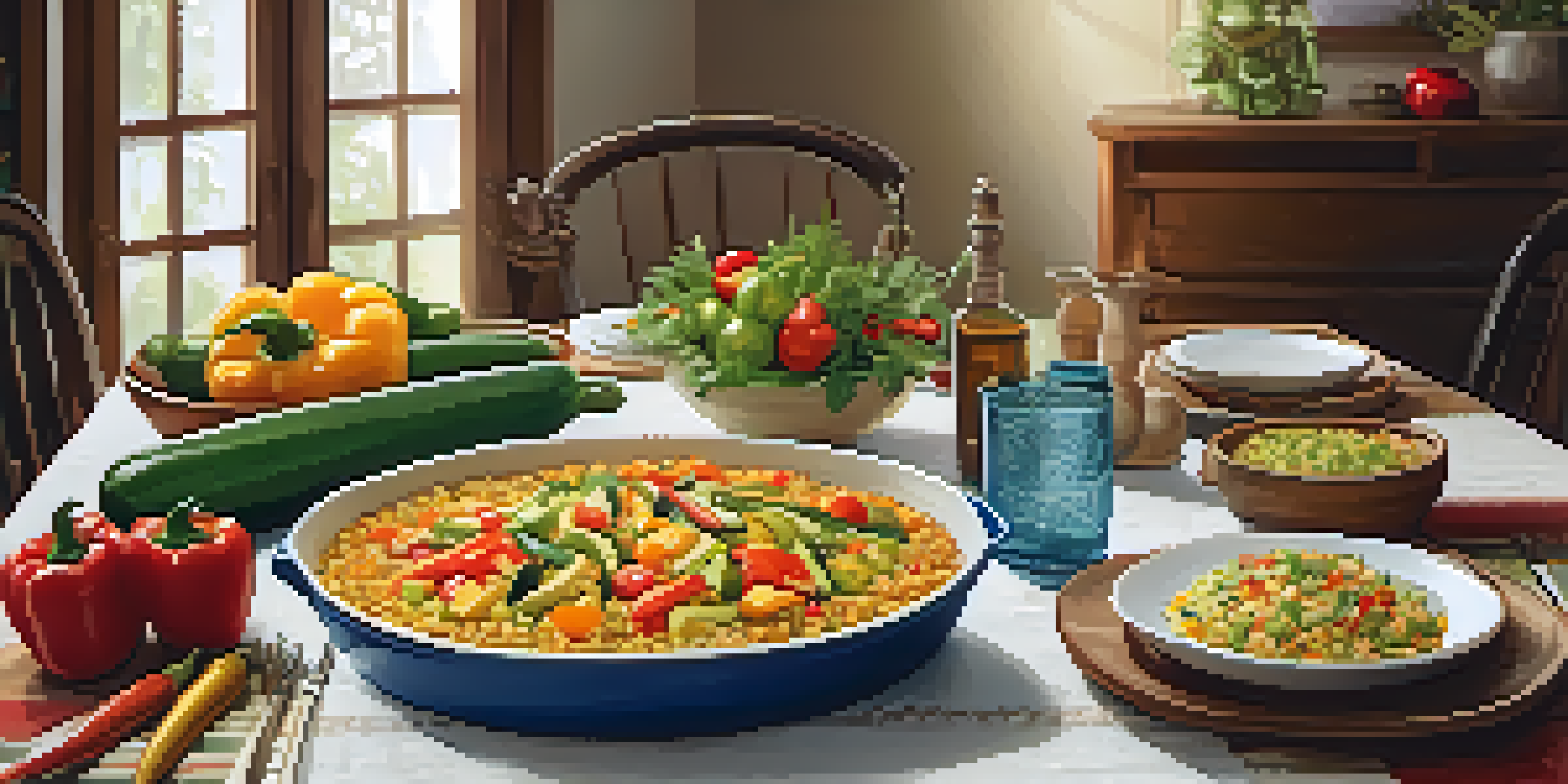 A family dining table with a colorful vegetable and rice casserole surrounded by fresh vegetables, set in a warm and inviting atmosphere.