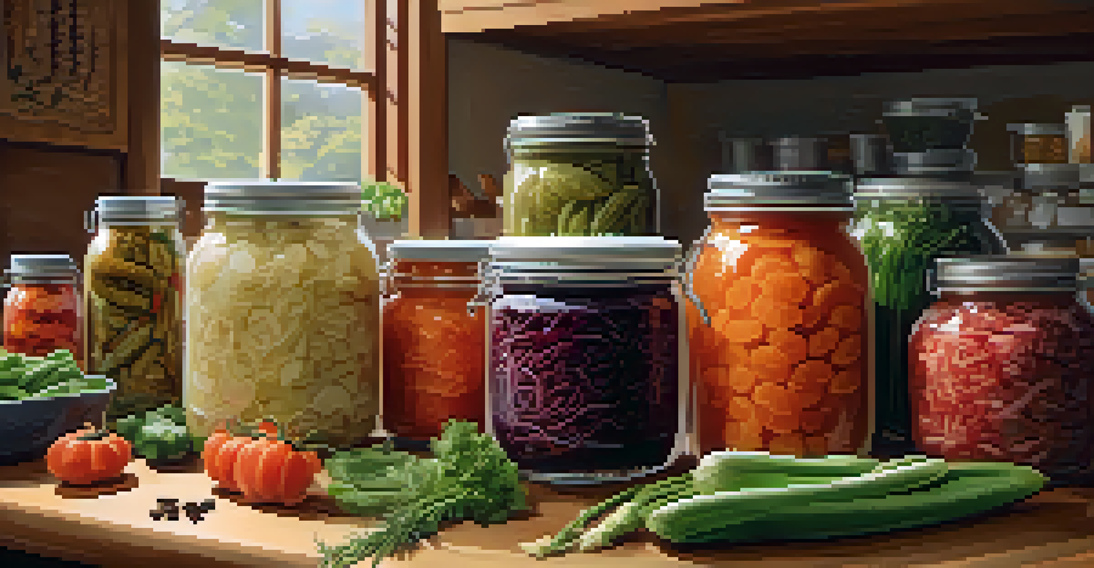 Jars of homemade sauerkraut and kimchi on a kitchen countertop with fresh vegetables and spices in warm lighting.