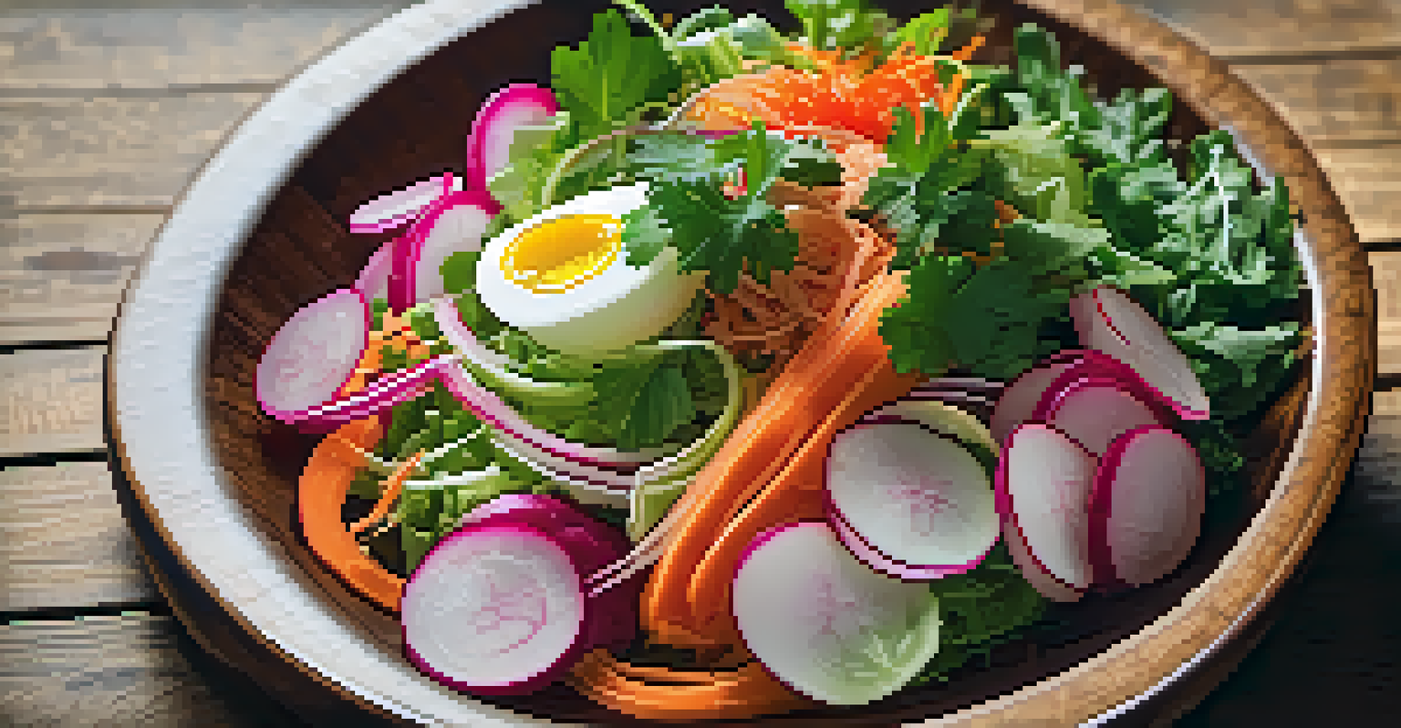 A colorful salad topped with kimchi and pickled radishes served in a bowl on a wooden surface.