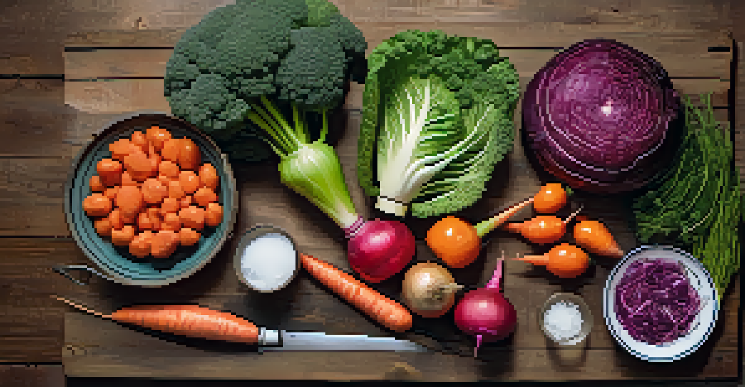 An overhead view of fresh vegetables and fermentation tools on a wooden table, ready for preparation.
