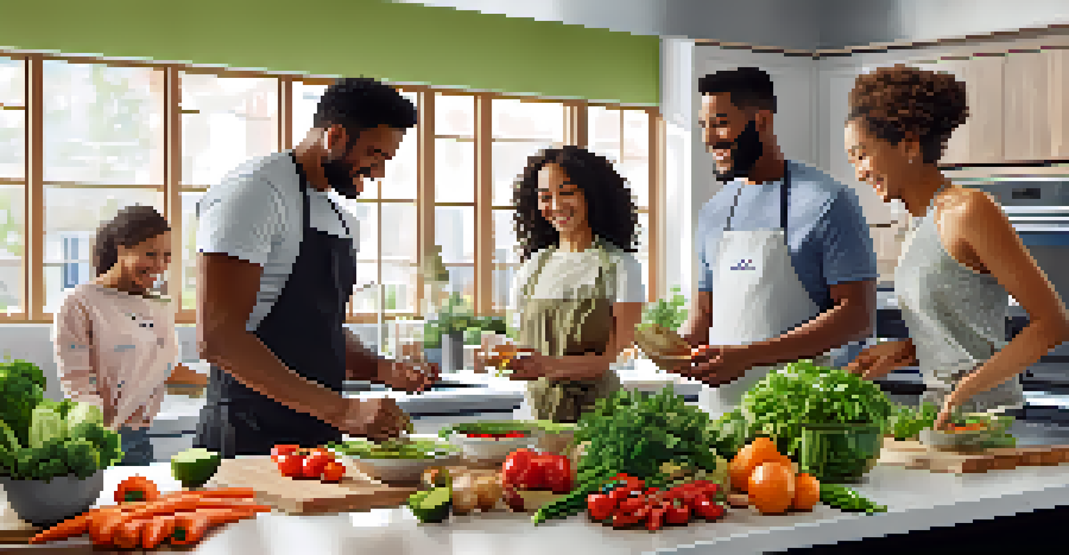 A group of friends cooking vegetarian meals together in a bright kitchen, smiling and engaged in the process.