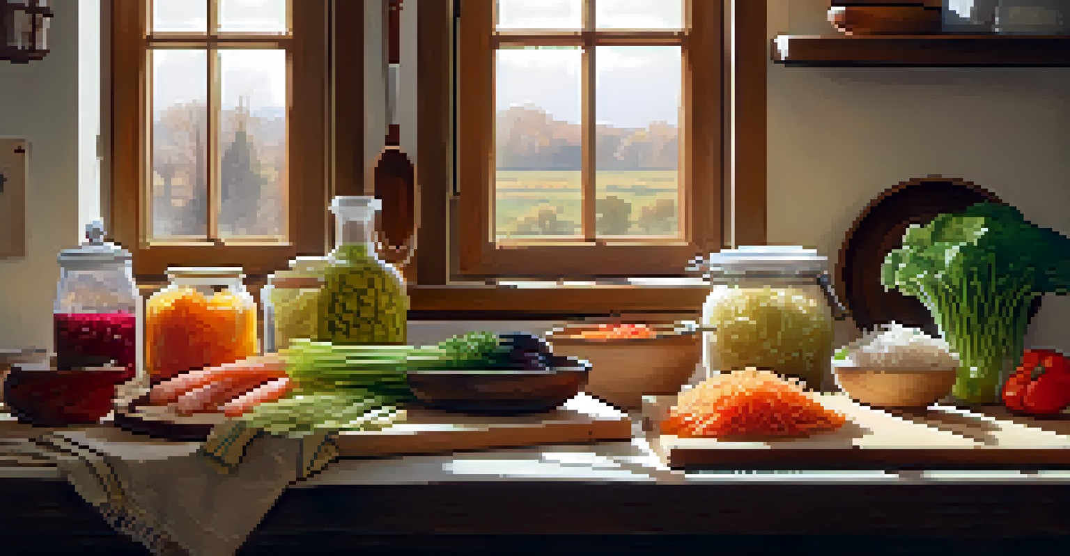 Cozy kitchen scene with a wooden cutting board displaying bowls of fermented vegetables like sauerkraut and kimchi, surrounded by fresh ingredients, illuminated by warm light.
