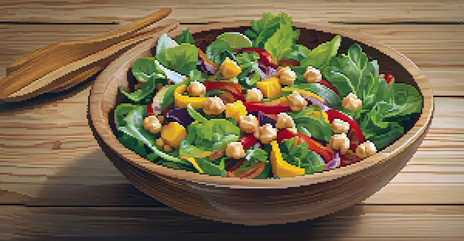 A mixed greens salad with bell peppers and chickpeas in a wooden bowl, topped with lemon vinaigrette.