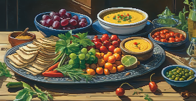 A Mediterranean vegetarian platter with hummus, stuffed grape leaves, and roasted vegetables on a wooden table, illuminated by warm sunlight.