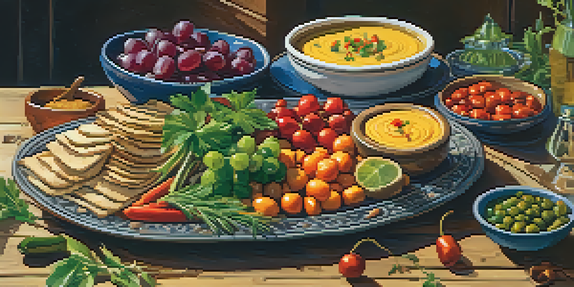 A Mediterranean vegetarian platter with hummus, stuffed grape leaves, and roasted vegetables on a wooden table, illuminated by warm sunlight.