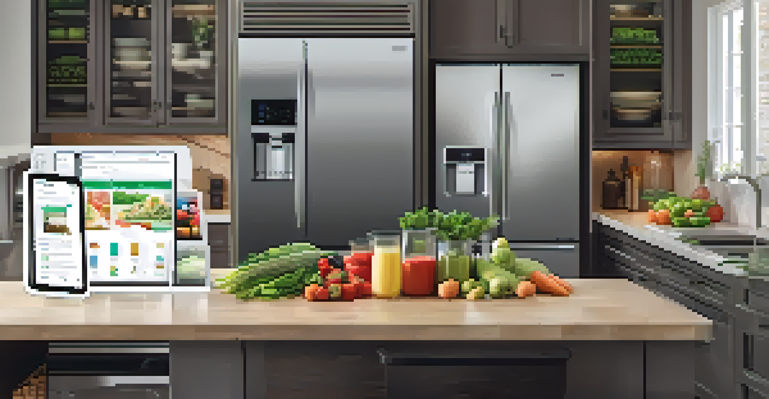 An organized kitchen with a smart refrigerator and a user checking a smartphone for meal planning, alongside fresh produce and a recipe book.