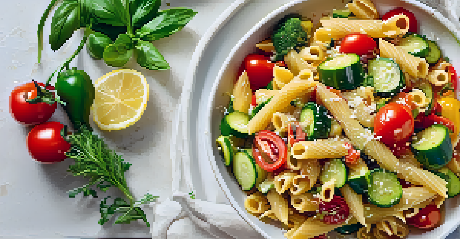 A bowl of colorful Pasta Primavera with seasonal vegetables and a sprinkle of Parmesan on a bright kitchen countertop.