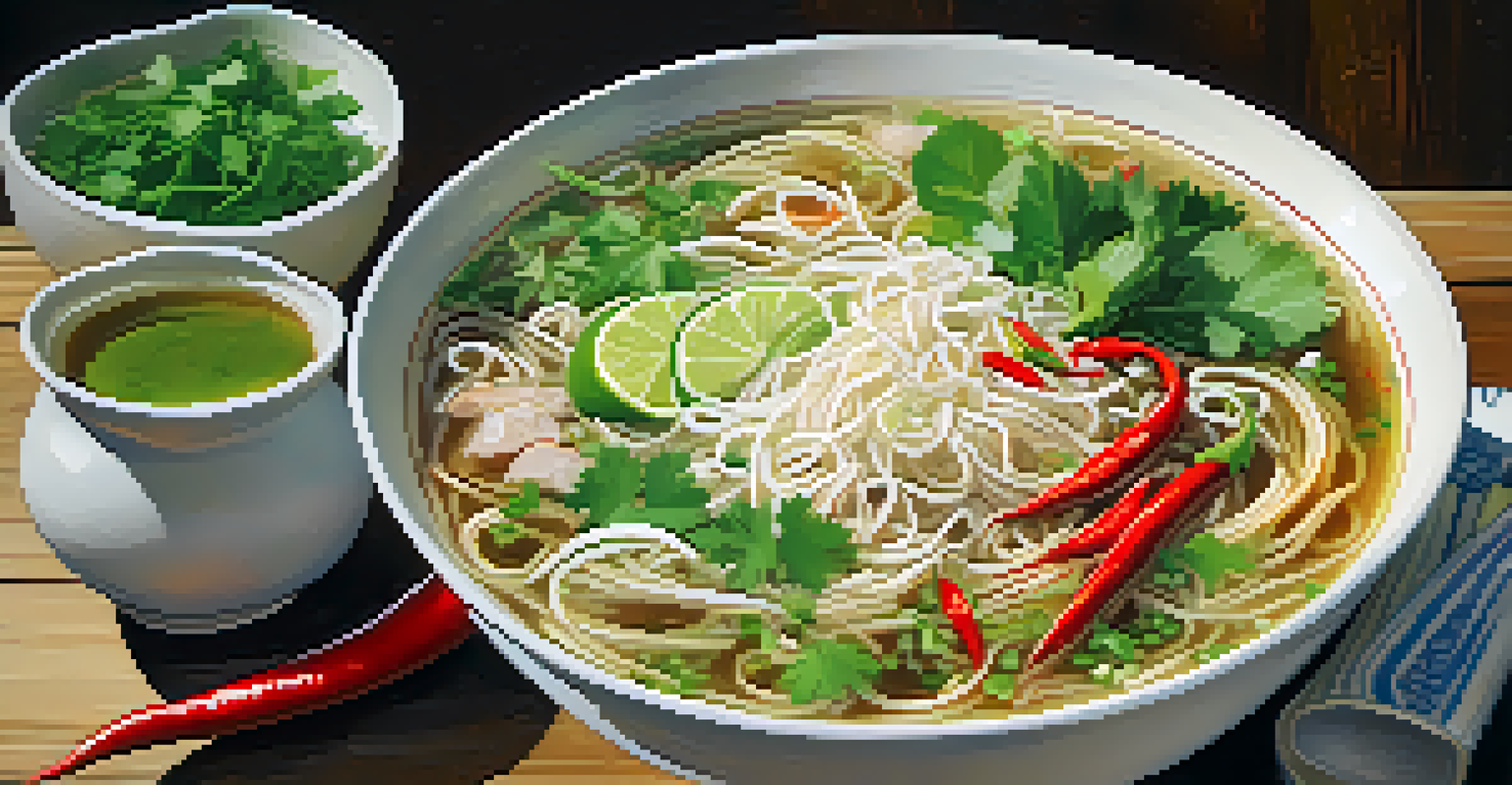 A bowl of steaming vegetable pho with rice noodles, fresh herbs, and lime wedges on a wooden table.