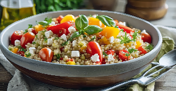 A bowl of quinoa salad with colorful vegetables and feta cheese in a sunny kitchen setting.